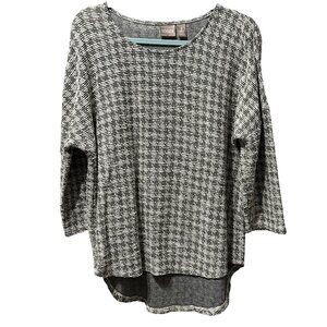 Chico’s sz 3 gray houndstooth w/gold threads 3/4 sleeve hi low hem boat neck top